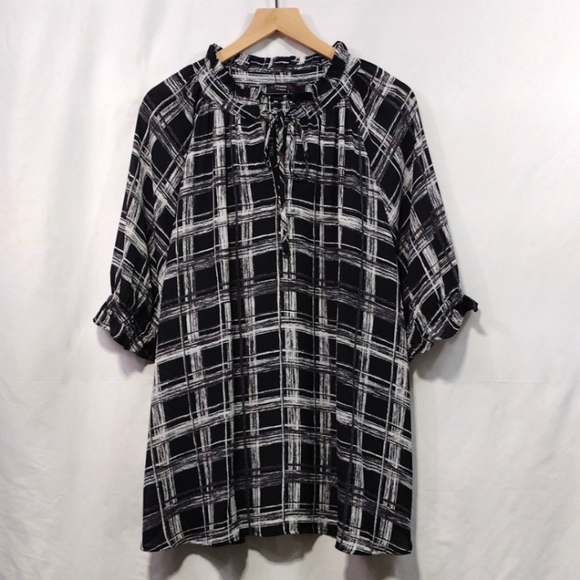 NWT Cocomo Woman Plaid Babydoll Blouse Womens 3X Black White Preppy Academia - Picture 1 of 8